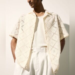 NWT H&M Men’s White Pointelle Crochet Knit Button Down Shirt - Size Large